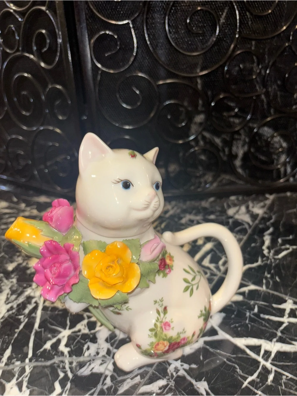 Royal Albert White Ceramic Cat Pitcher with Pink and Yellow Floral Bouquet